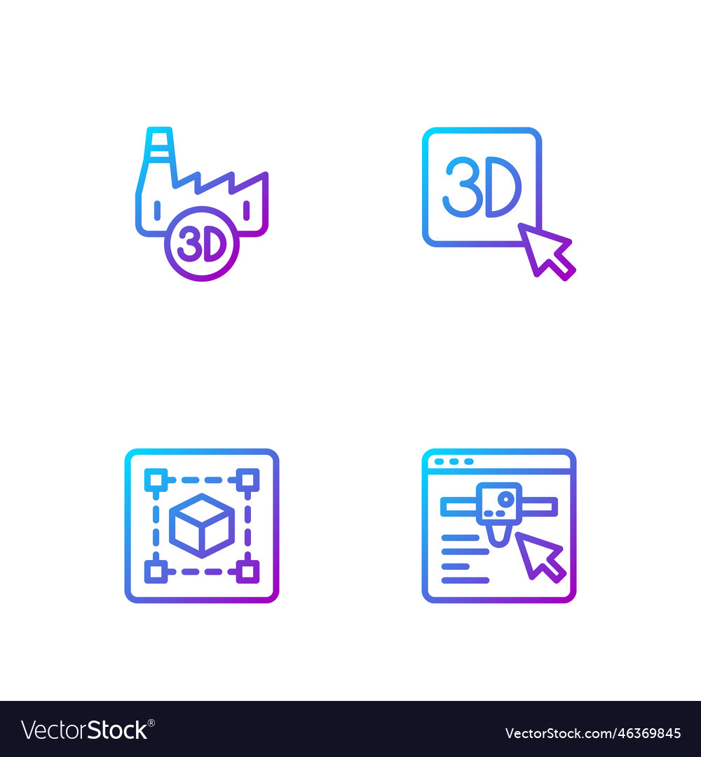 Set line 3d printer setting geometric figure cube vector image Set line 3d printer setting geometric figure cube