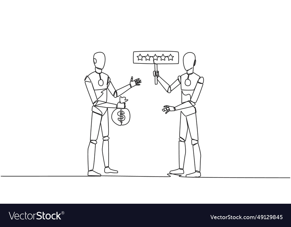 Single one line drawing two robotics standing vector image Single one line drawing two robotics standing
