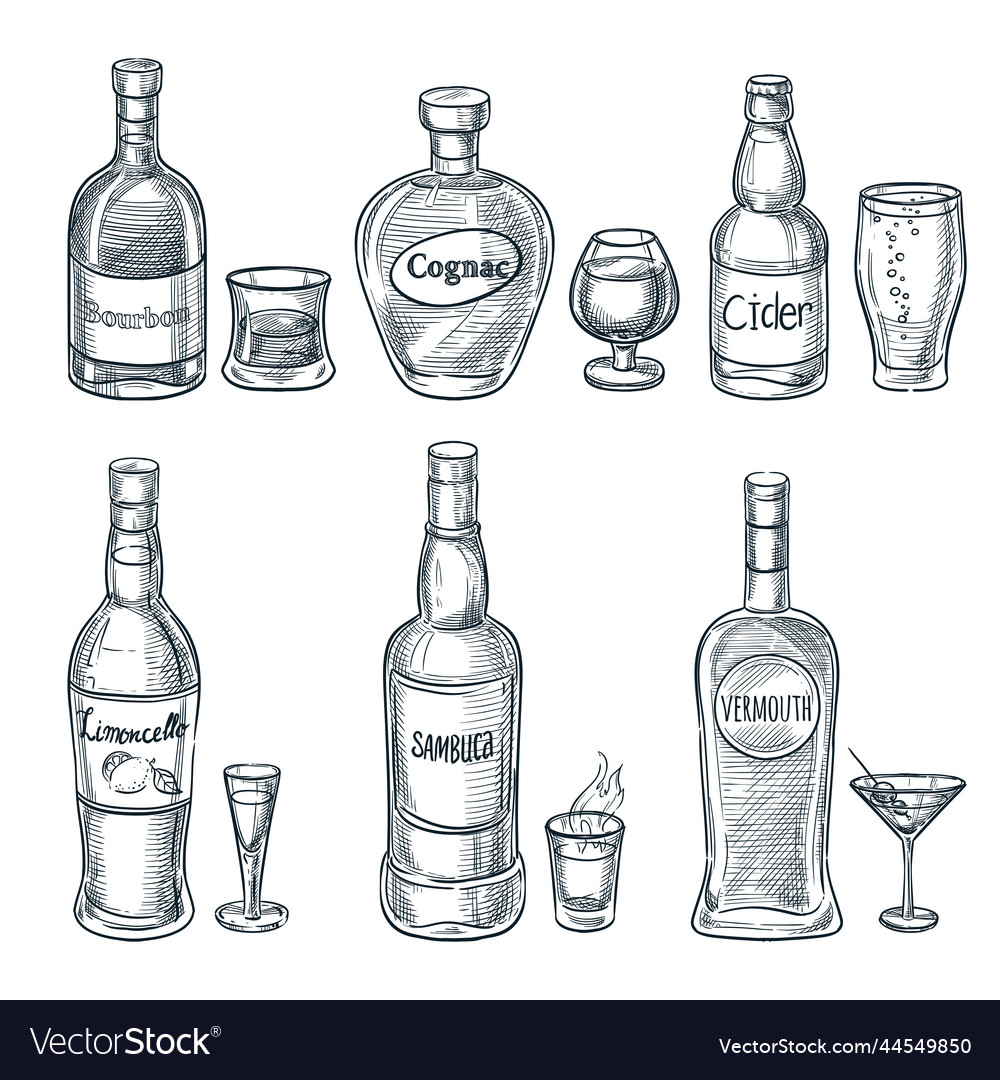 Alcohol drink bottles and glasses hand Royalty Free Vector