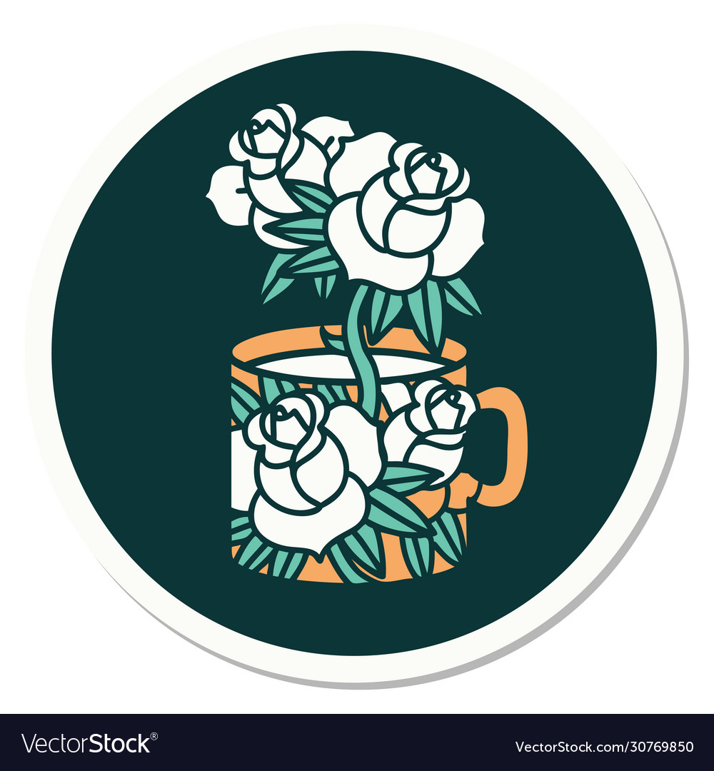 Tattoo style sticker a cup and flowers