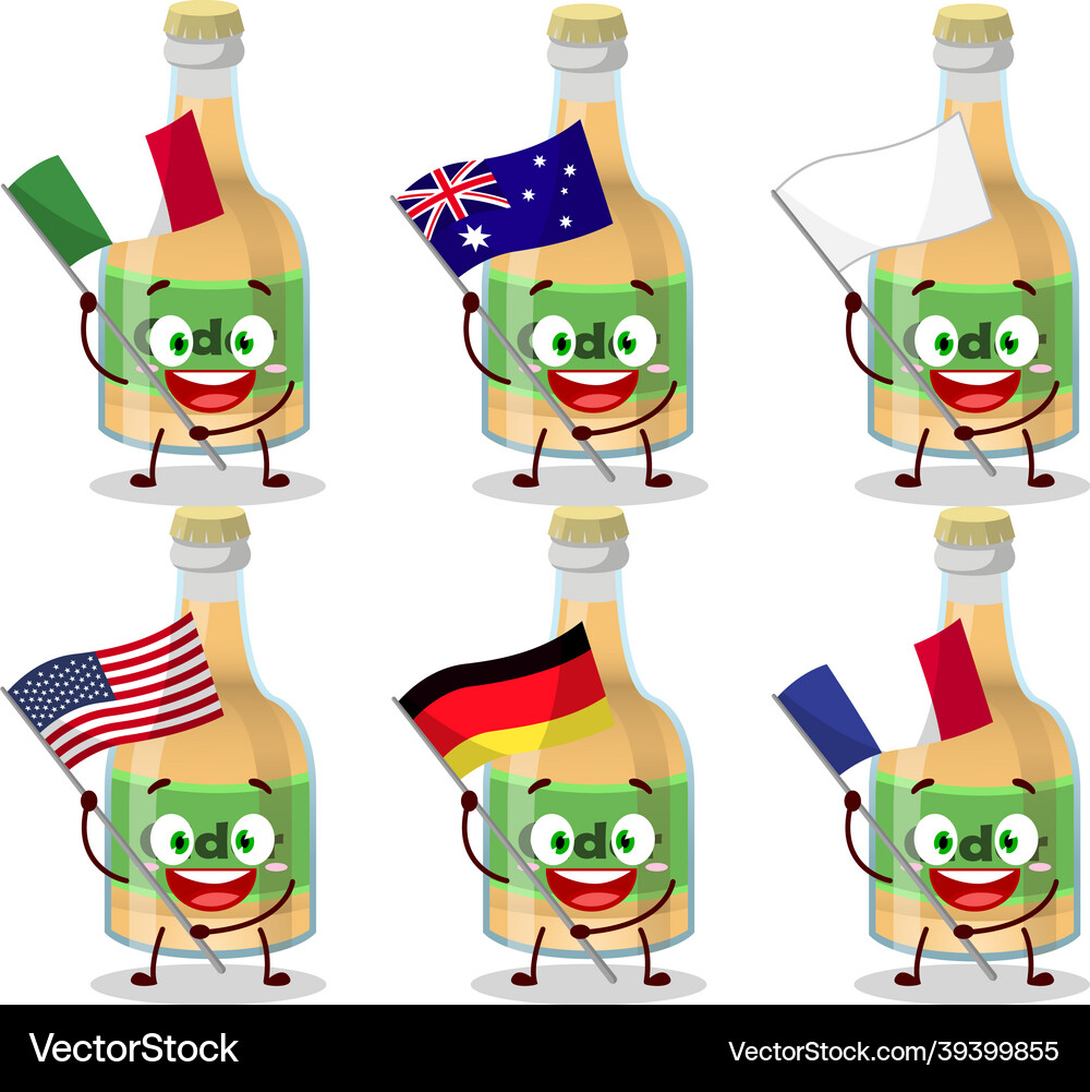 Cider bottle cartoon character bring the flags Vector Image