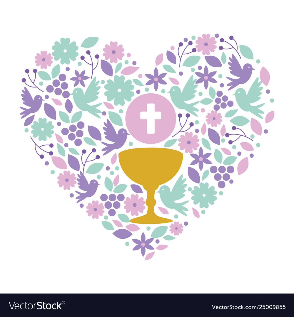 First communion in chalice with floral heart vector image First communion in chalice with floral heart