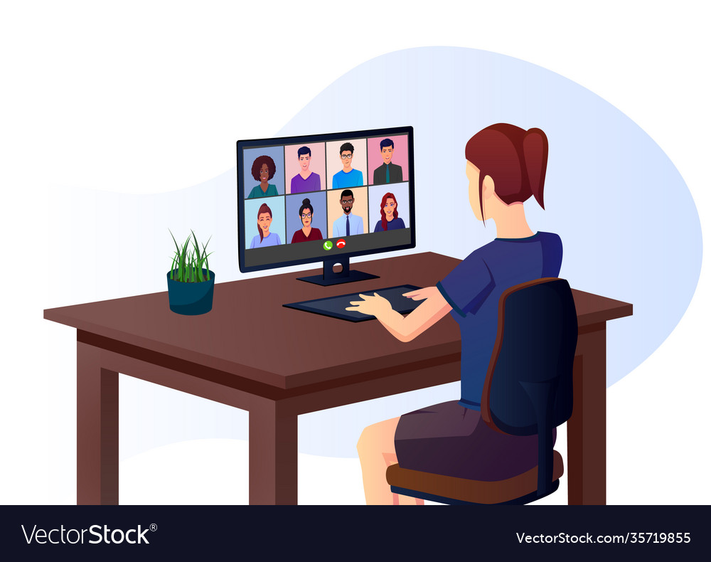Girl attending online metting through group call Vector Image