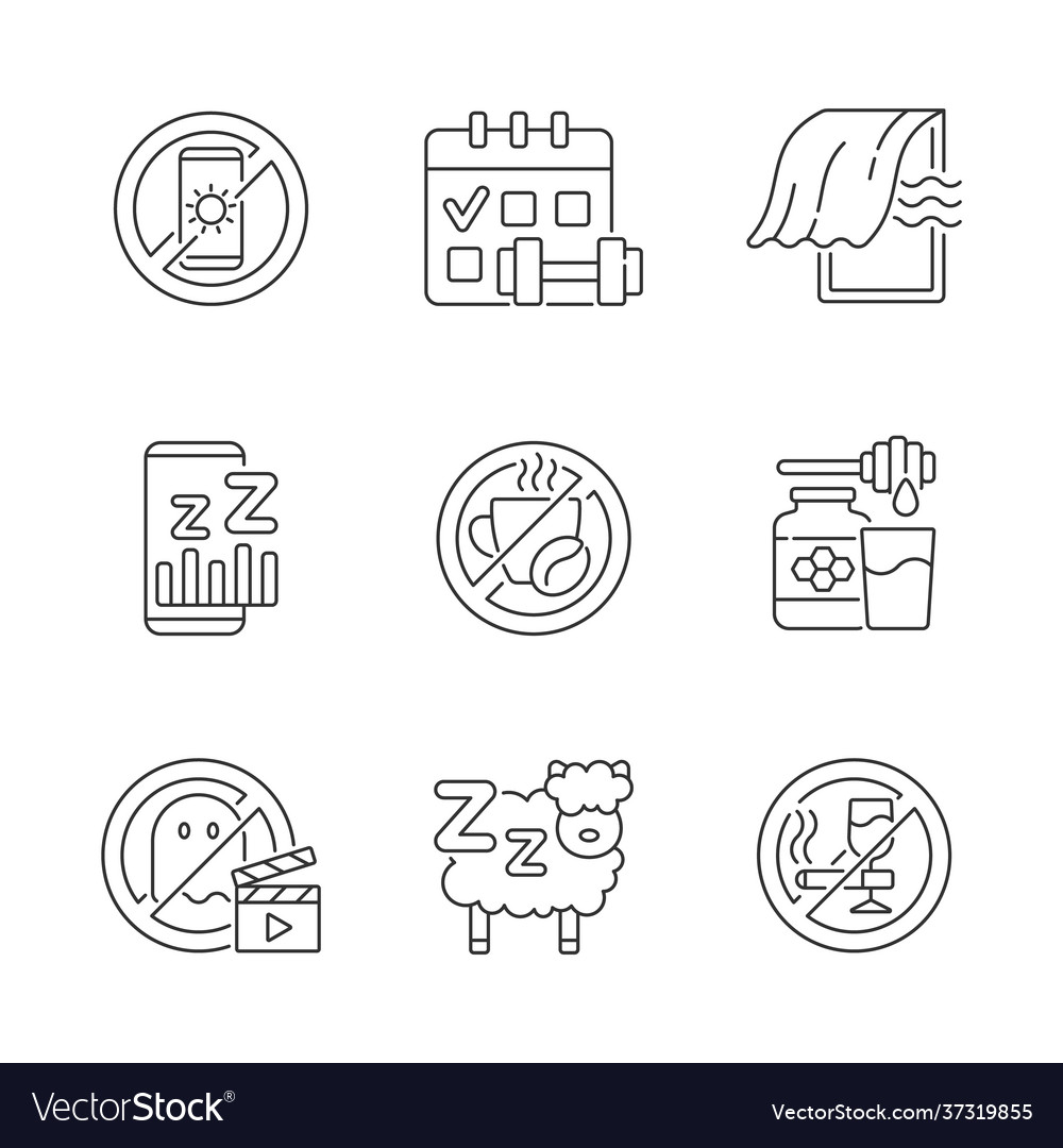 Insomnia reasons linear icons set Vector Image Insomnia reasons linear icons set