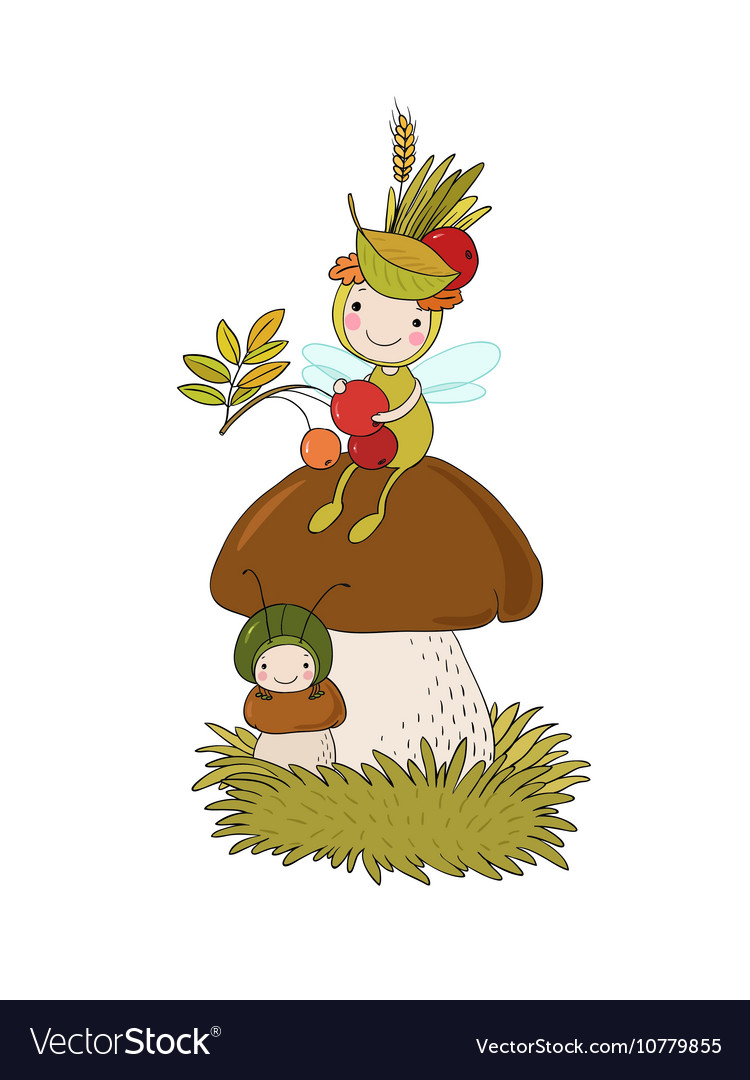 Little cartoon fairy sitting on a mushroom