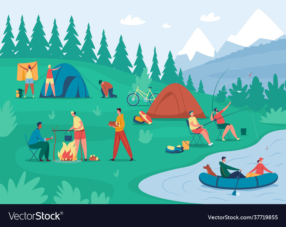 People camp friends relaxing near bonfire Vector Image