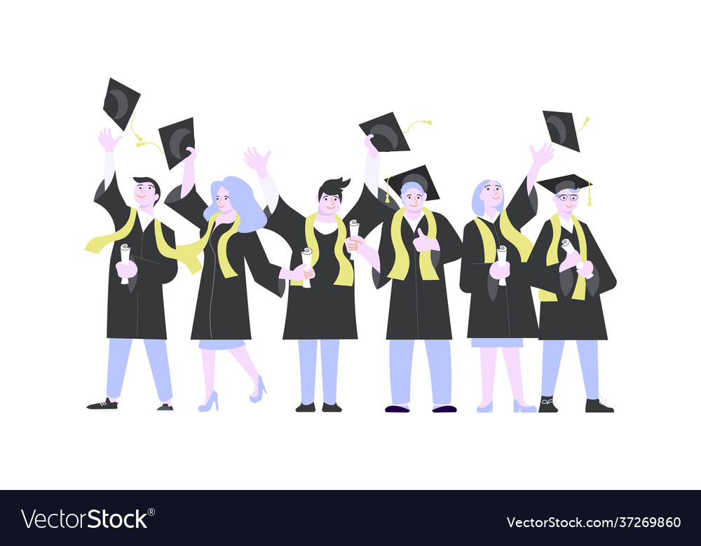 Happy graduates men and woman throws academic