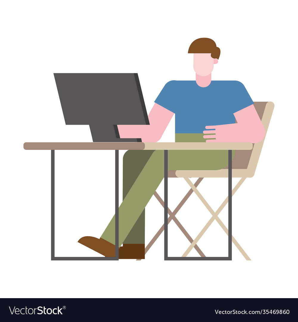Man with computer at desk working from home