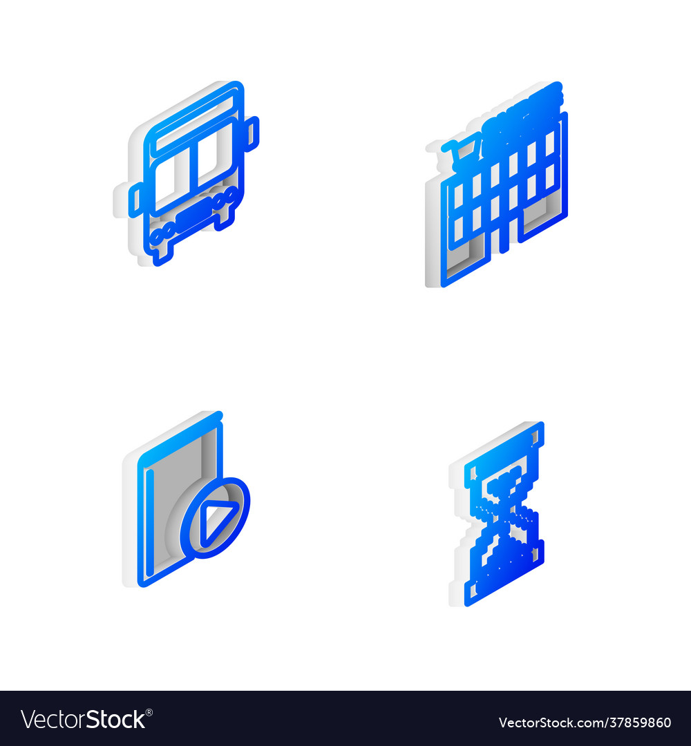 Set isometric line supermarket building bus vector image Set isometric line supermarket building bus