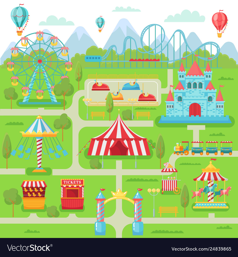 amusement-park-map-family-entertainment-festival-vector-image