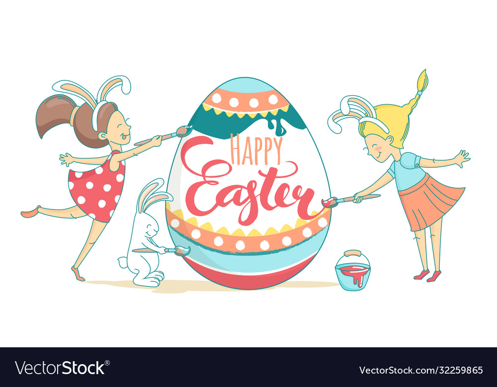Cute Easter Girls Painting Eggs