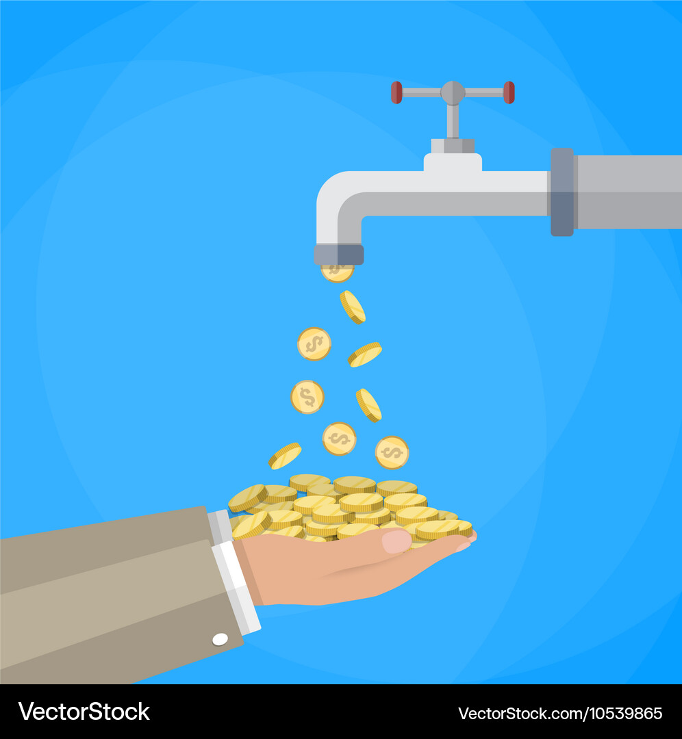 Money coins flows to hand from tap Royalty Free Vector Image