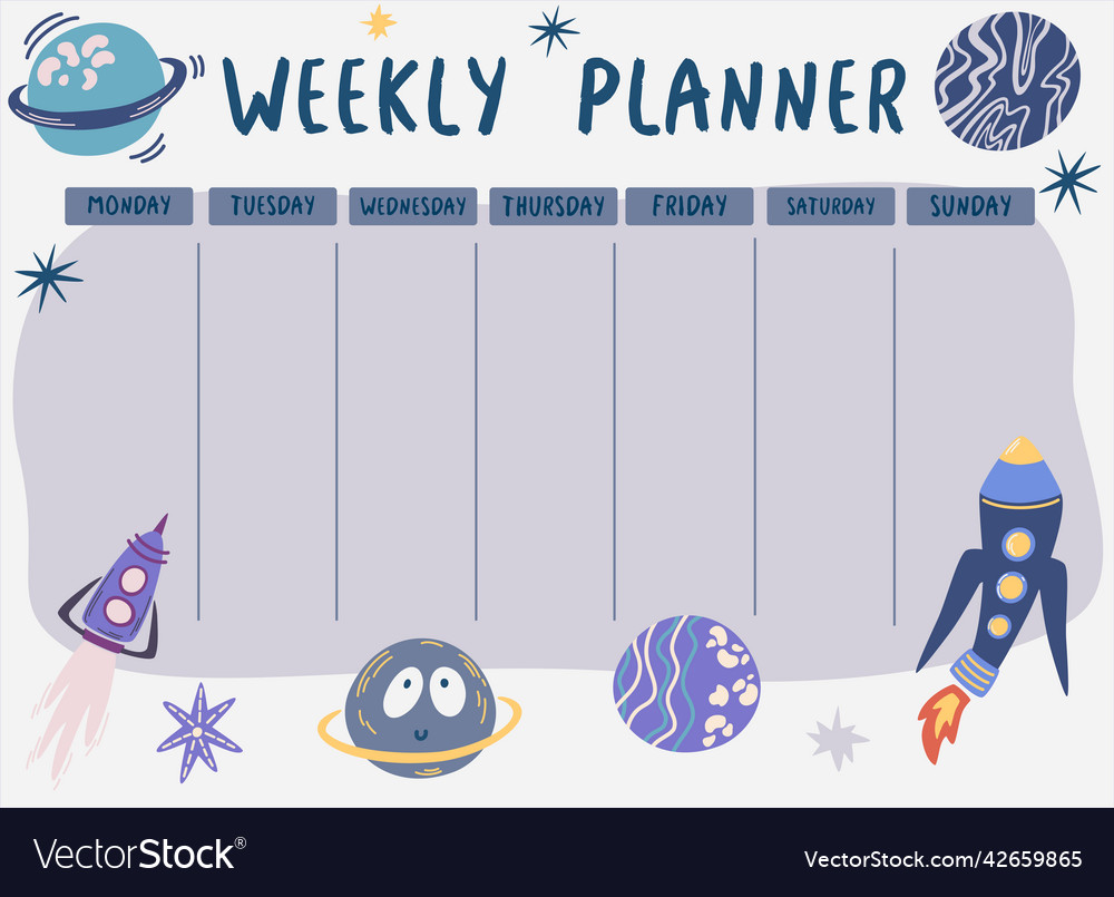 Weekly planner space with spaceships Royalty Free Vector