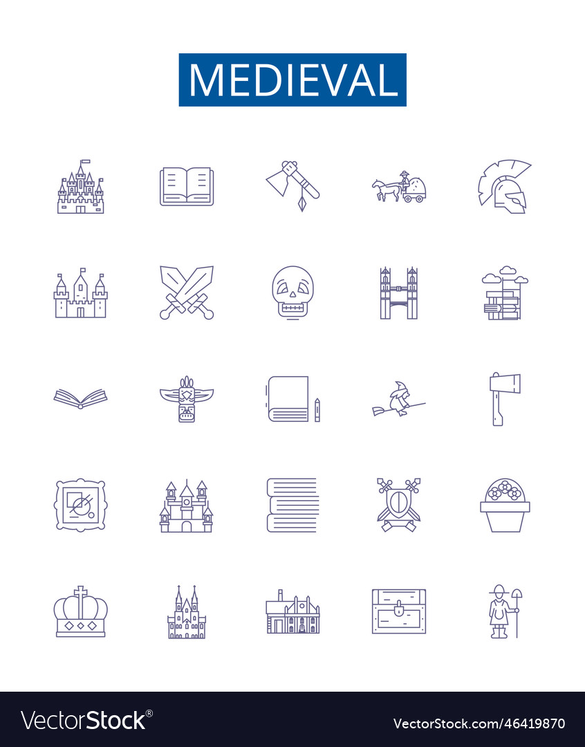 Medieval line icons signs set design collection Vector Image