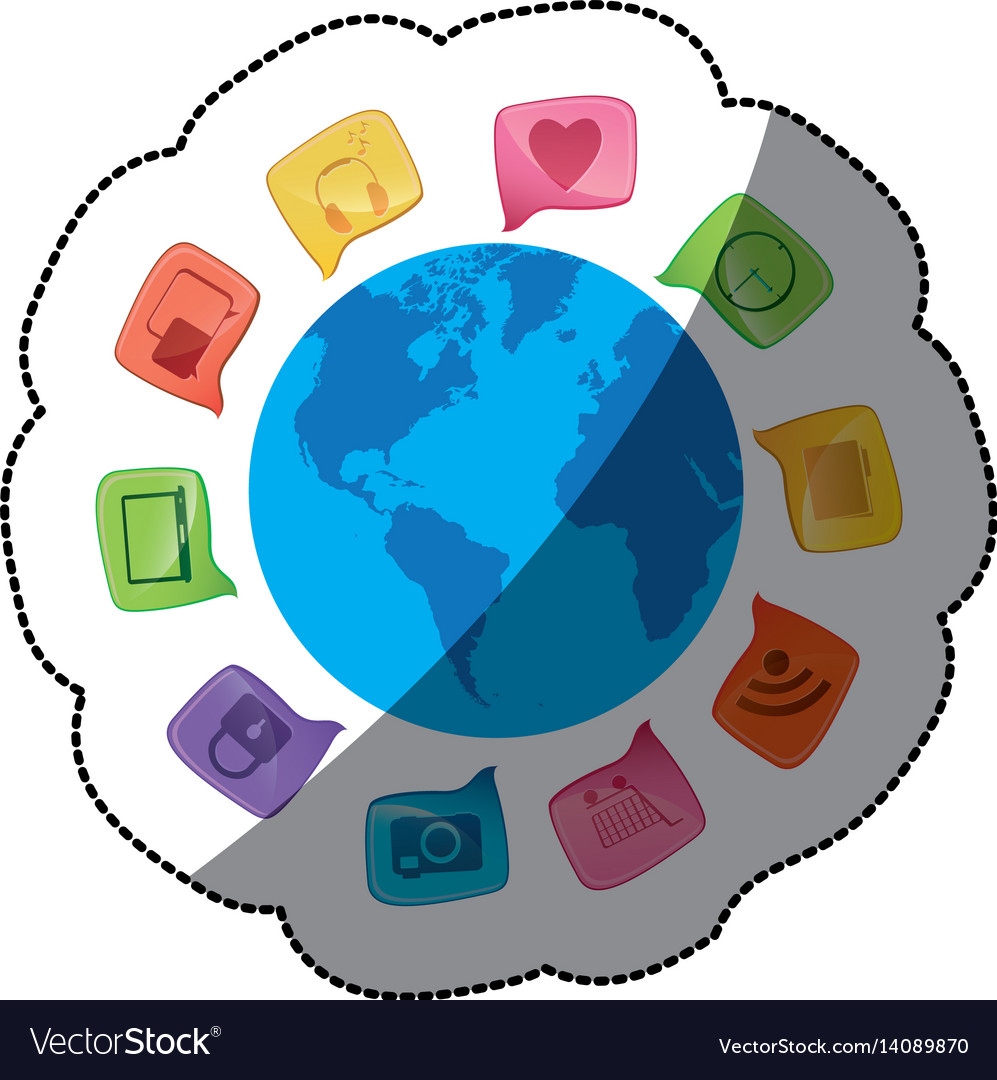 Sticker world map globe with dialogue social icons