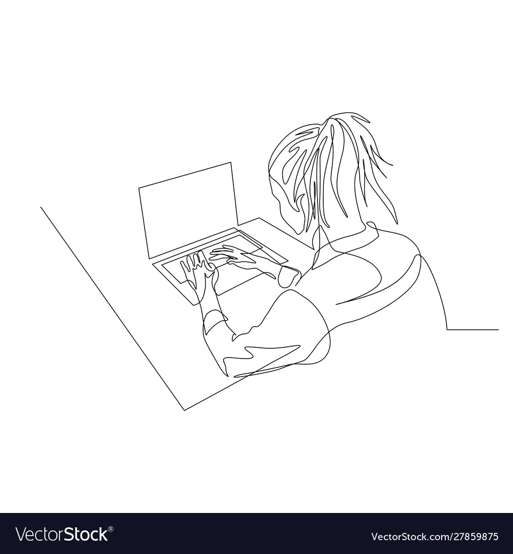 Continuous one line woman work with help laptop