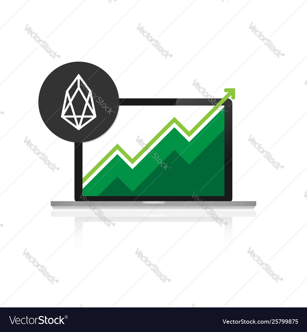 Eos symbol crypto currency coin on laptop screen