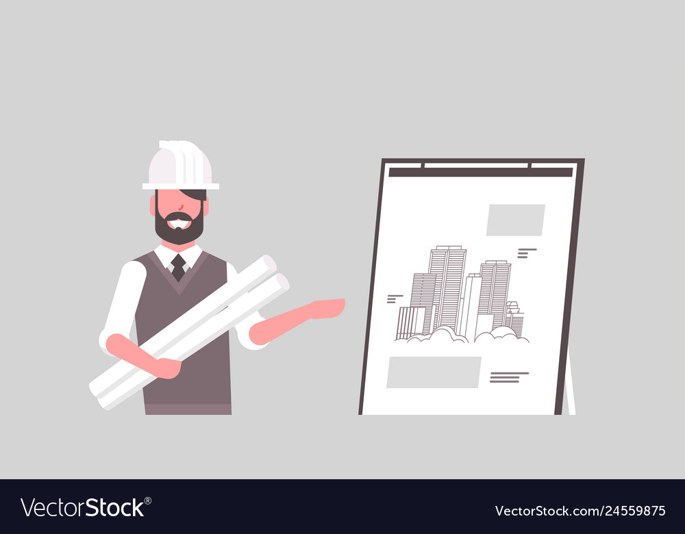 Man architect in helmet holding blueprints