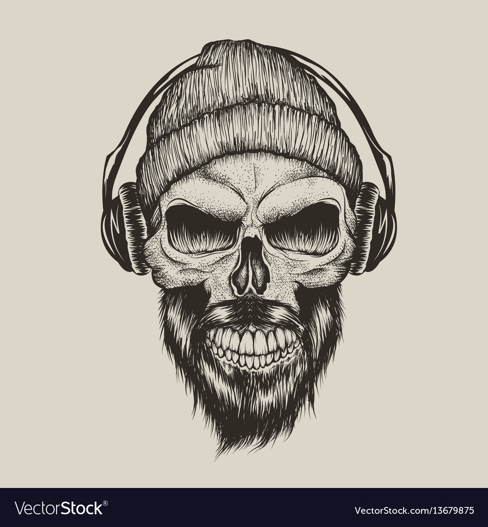 Skull listening a music in headphones