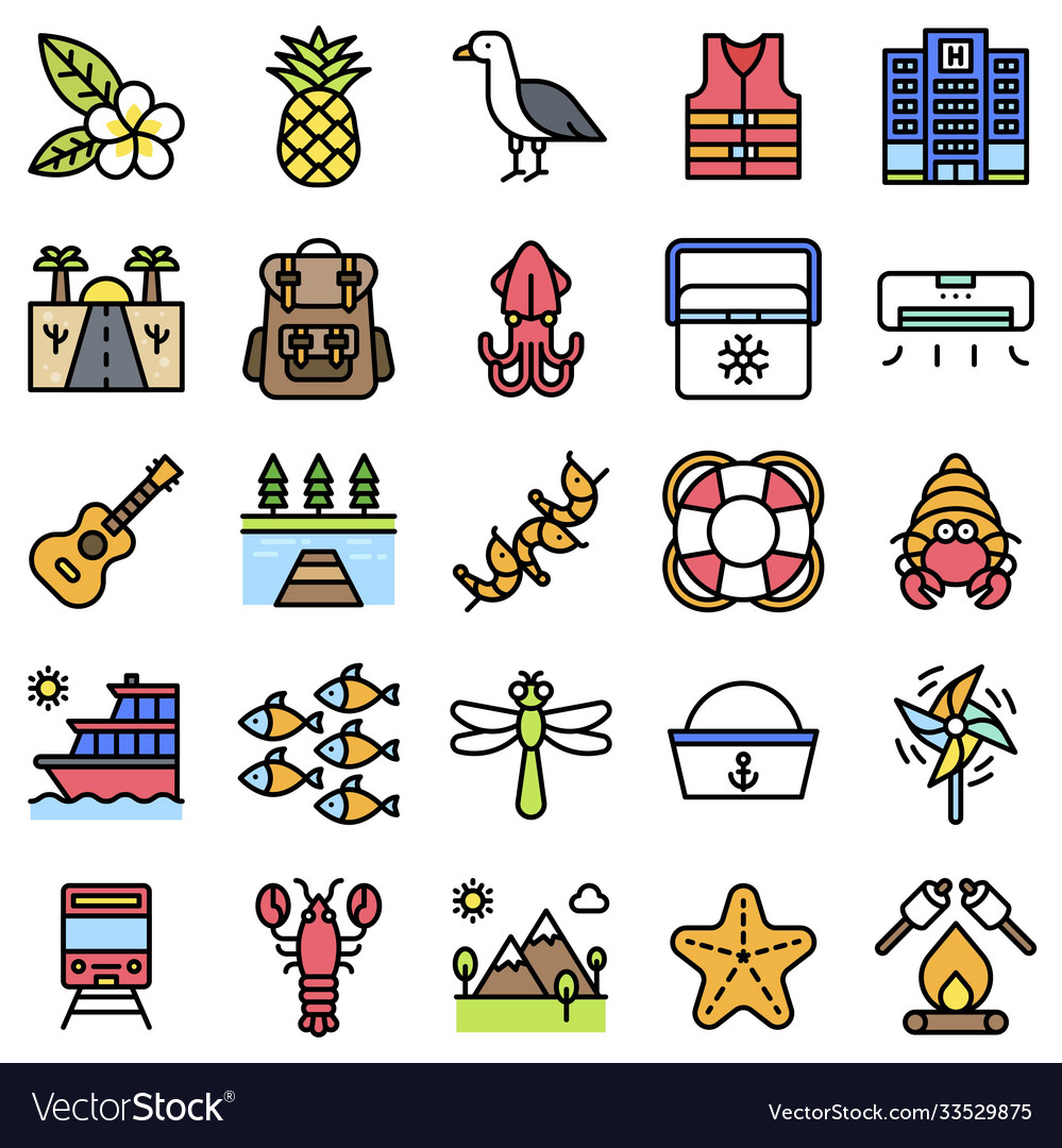 Summer vacation related icon set 5 filled style