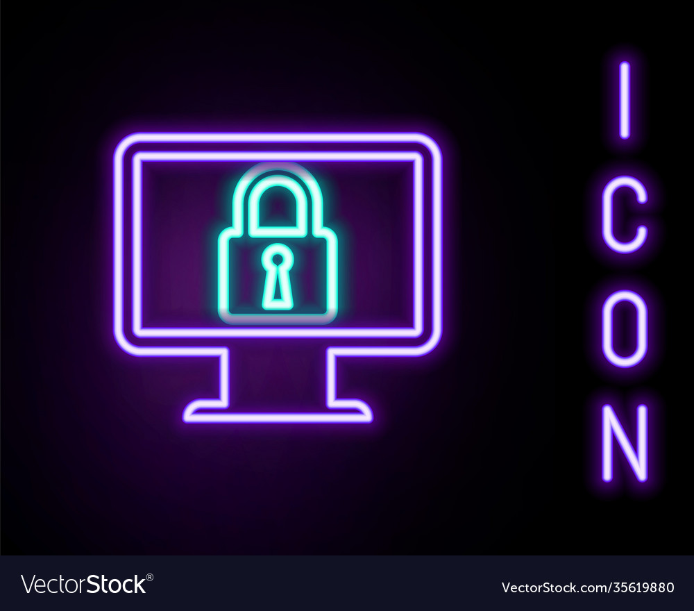 Glowing neon line lock on computer monitor screen vector image Glowing neon line lock on computer monitor screen