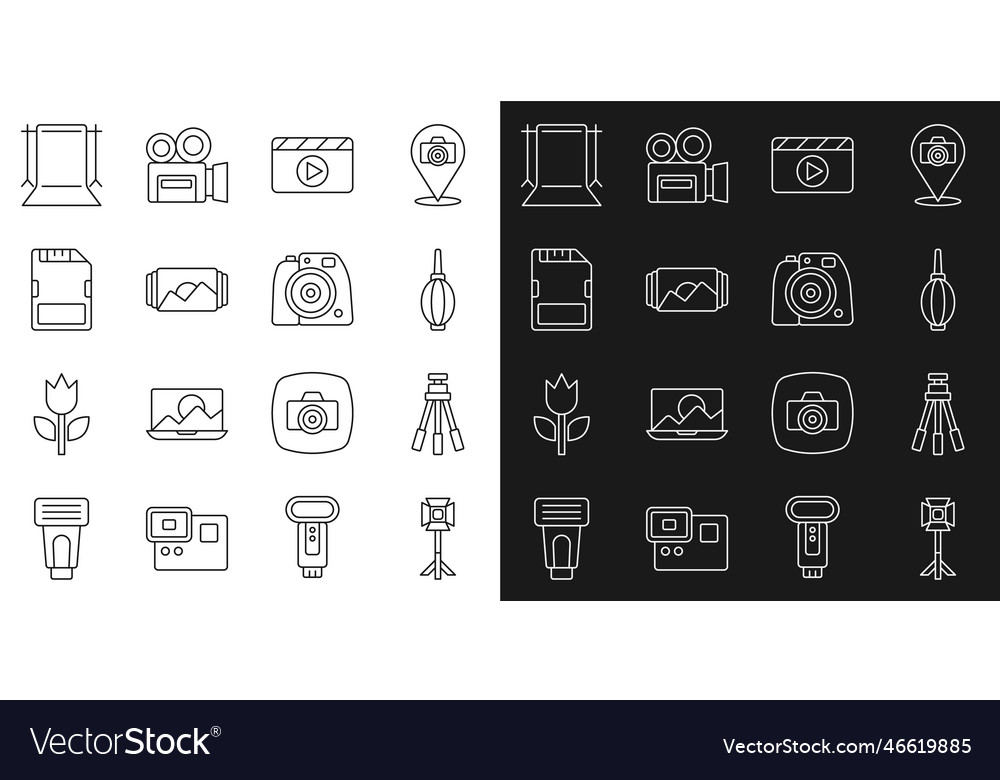 Set line studio light bulb in softbox tripod vector image Set line studio light bulb in softbox tripod