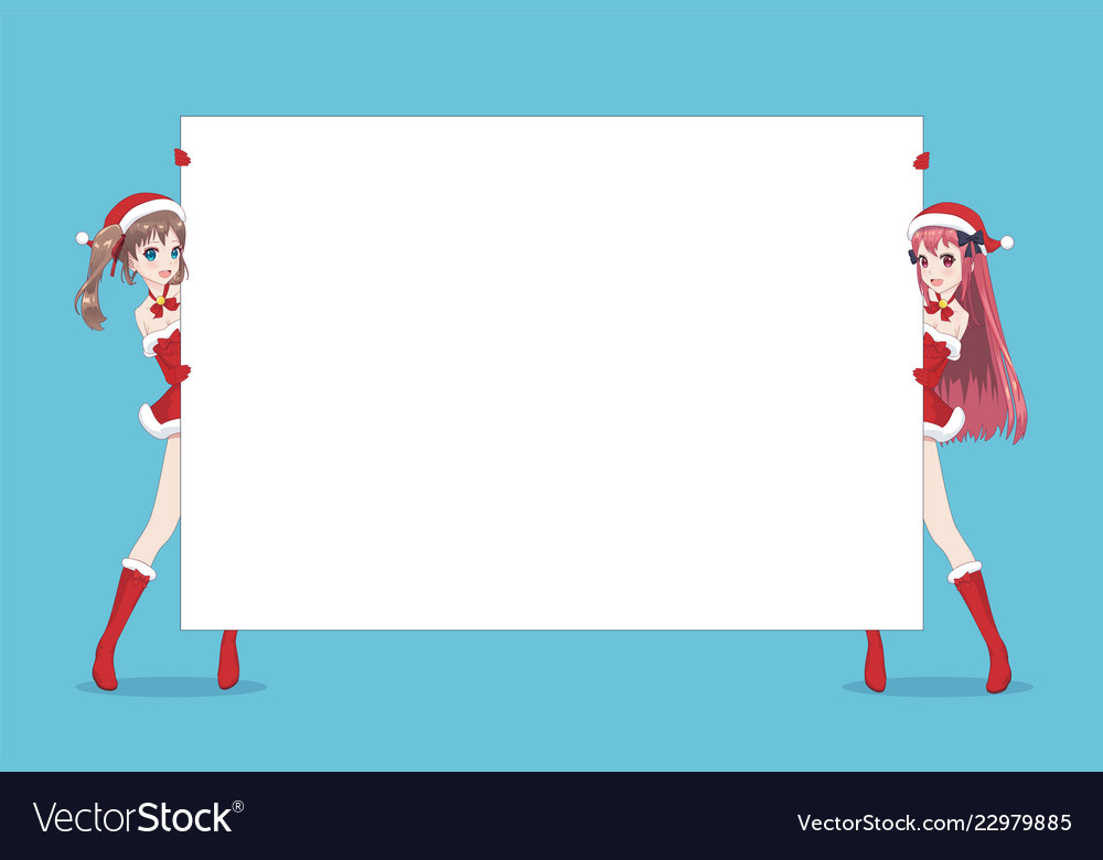 Zwei anime manga frau schaut aus hinter poster vector image Zwei anime manga frau schaut aus hinter poster