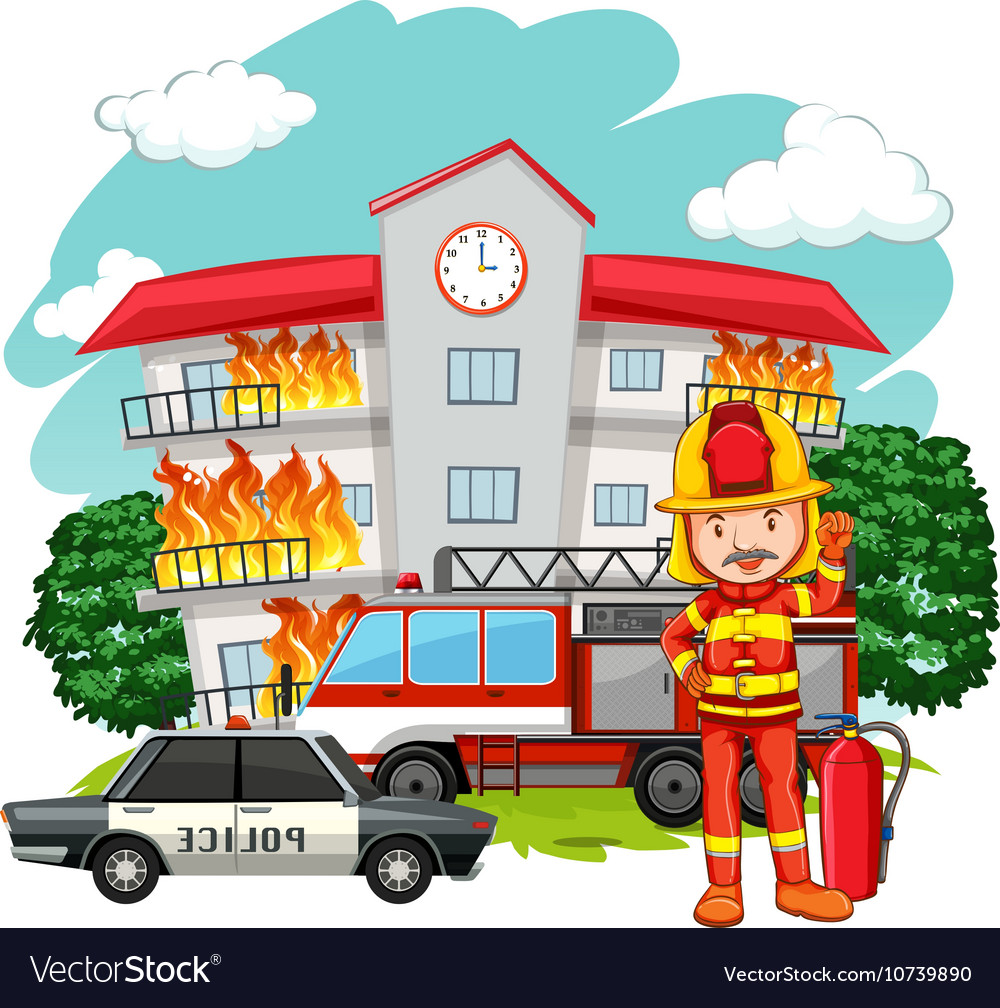 Fire scene with fireman at the building Royalty Free Vector