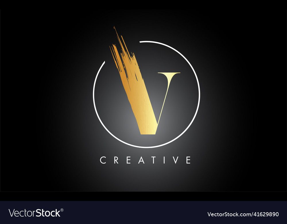 Golden v brush stroke letter logo design black Vector Image