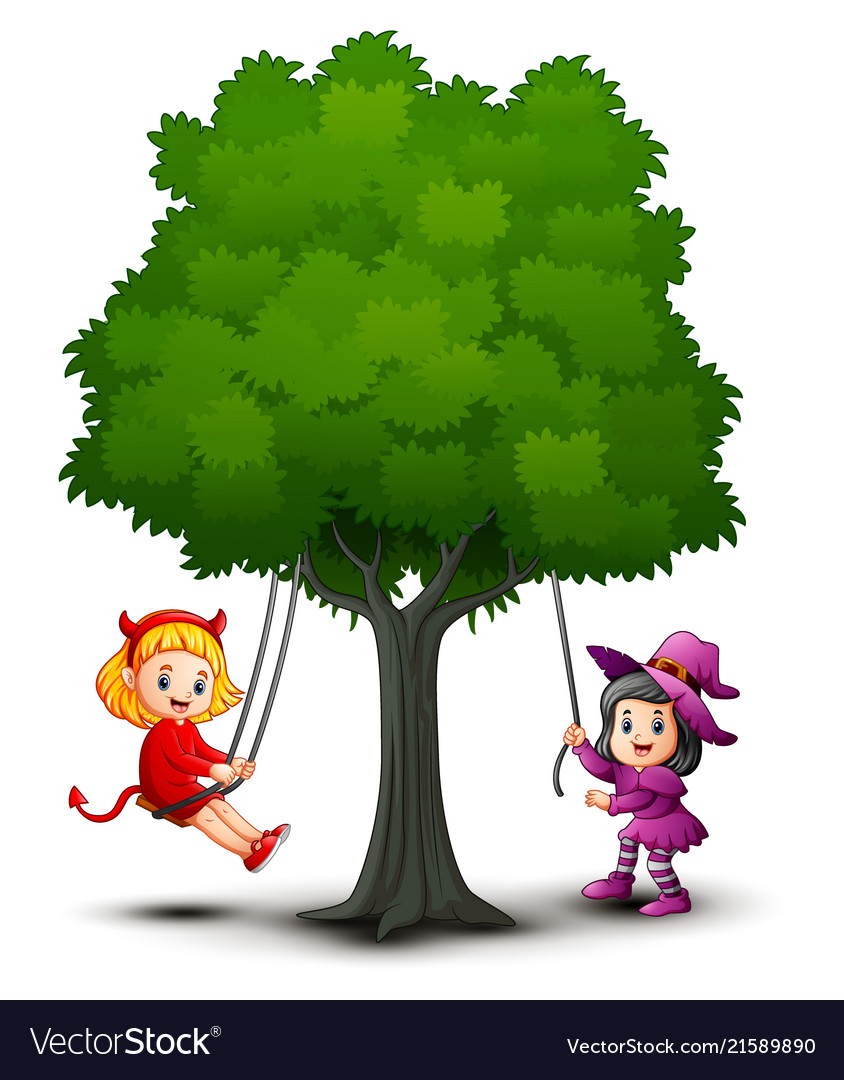 Halloween kids costumes play under the tree