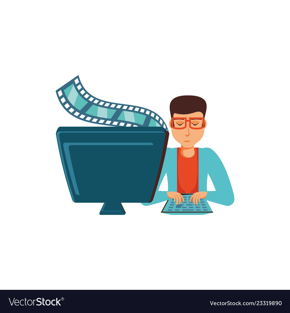 Man with desktop computer and video tape vector image Man with desktop computer and video tape