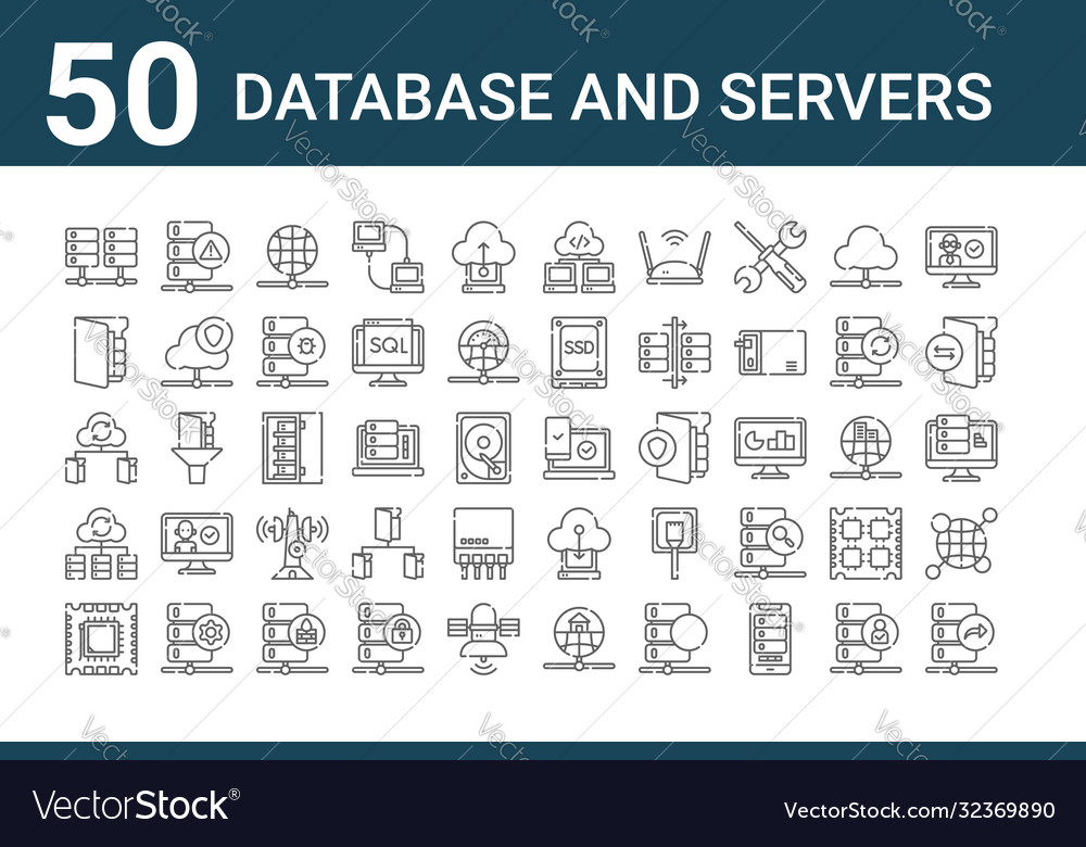 Set 50 database and servers icons outline thin vector image Set 50 database and servers icons outline thin