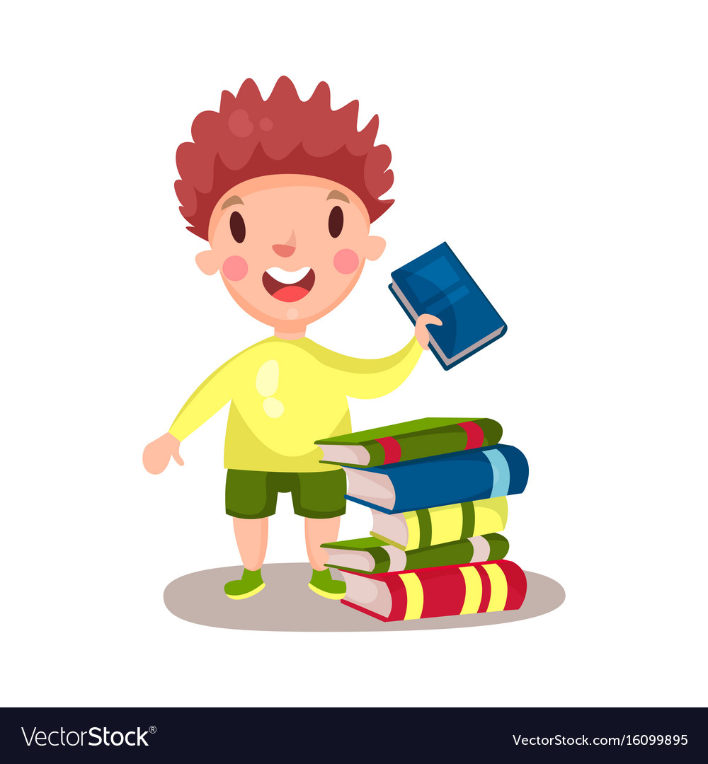 Smiling curly boy standing next to a pile books Vector Image