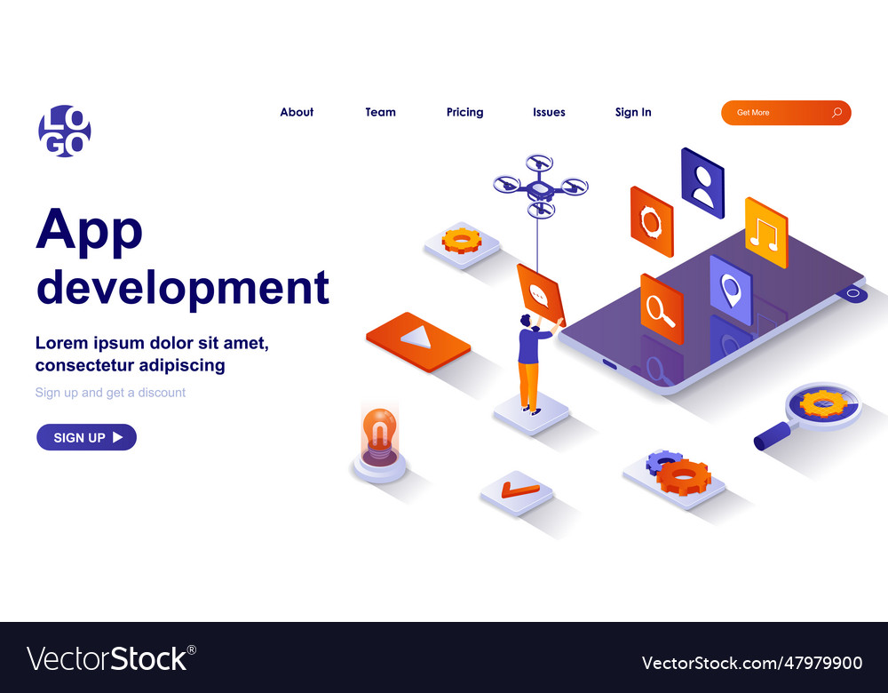 App development isometric landing page developer Vector Image App development isometric landing page developer