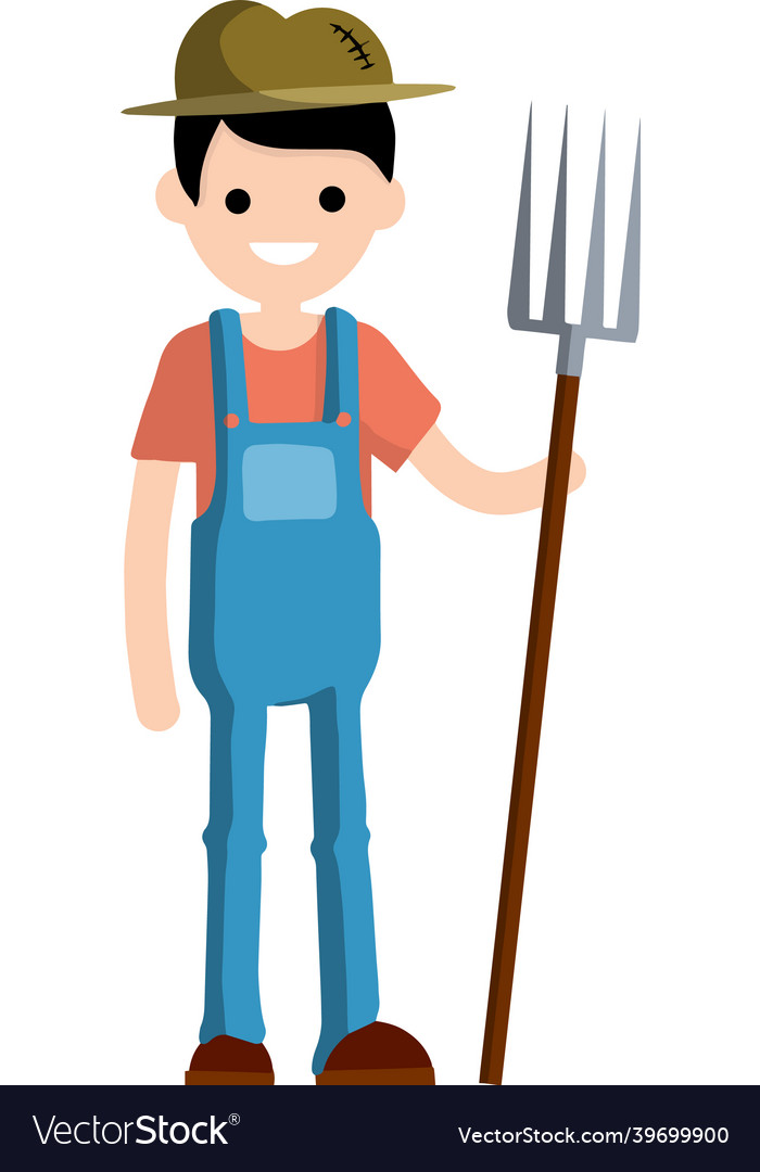 Man farmer in overalls with fork hands