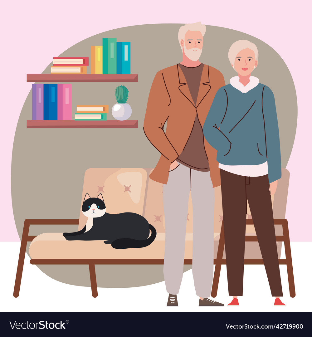 Old couple modeling with cat