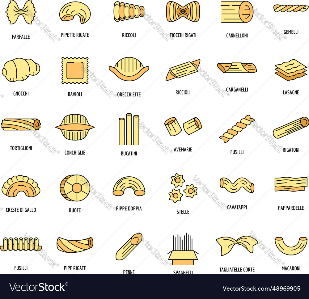 Macaroni pasta spaghetti icons set color Vector Image