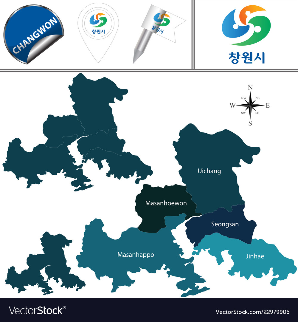 Changwon South Korea Map Map Of Changwon With Districts South Korea Vector Image