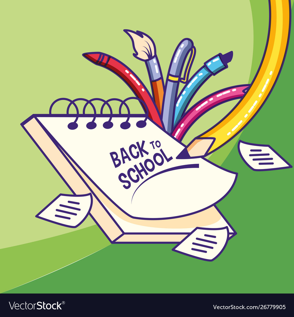 Notebook with set pencils and paint brush vector image Notebook with set pencils and paint brush