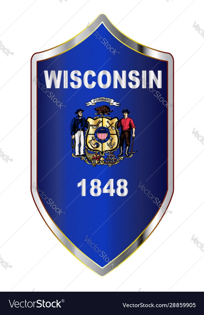 Wisconsin state flag on a crusader style shield