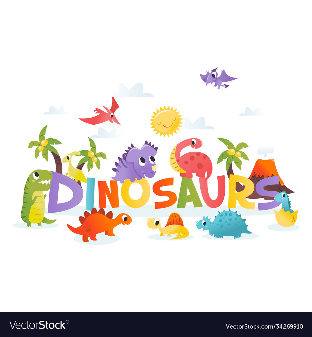 Super cute cartoon dinosaurs word scene Royalty Free Vector Super cute cartoon dinosaurs word scene Royalty Free Vector