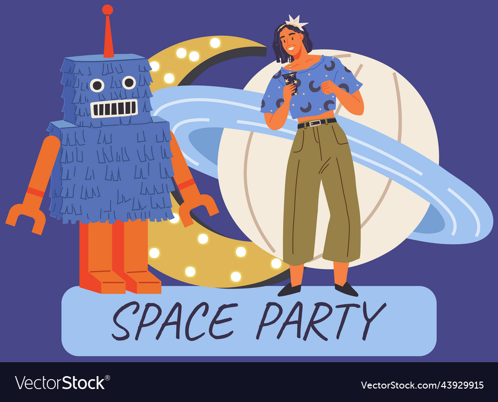Animators at birthday in cosmic style theme party vector image Animators at birthday in cosmic style theme party