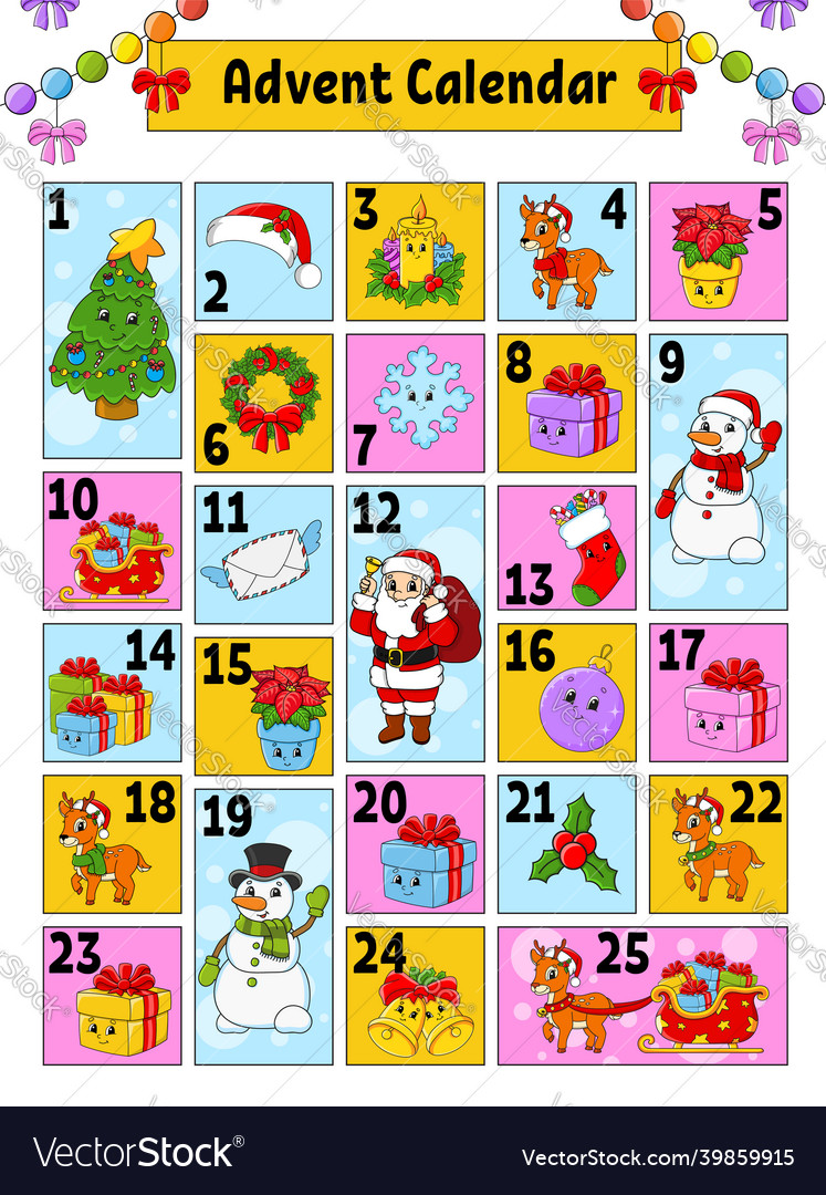 Christmas advent calendar with cute characters
