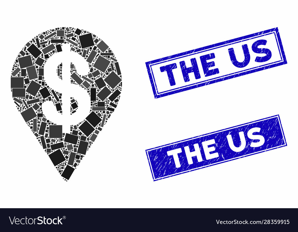 Dollar map pointer mosaic and distress rectangle vector image Dollar map pointer mosaic and distress rectangle