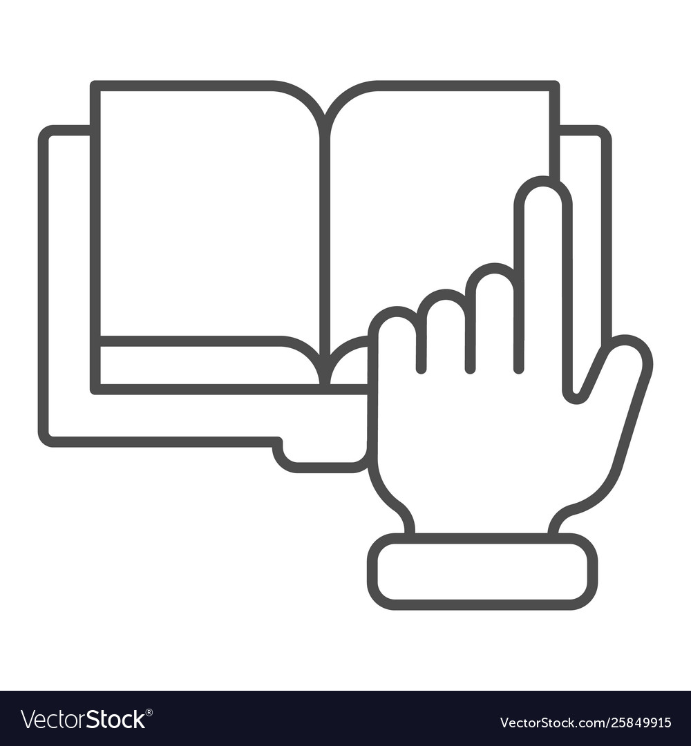 Pointer hand and book thin line icon digital