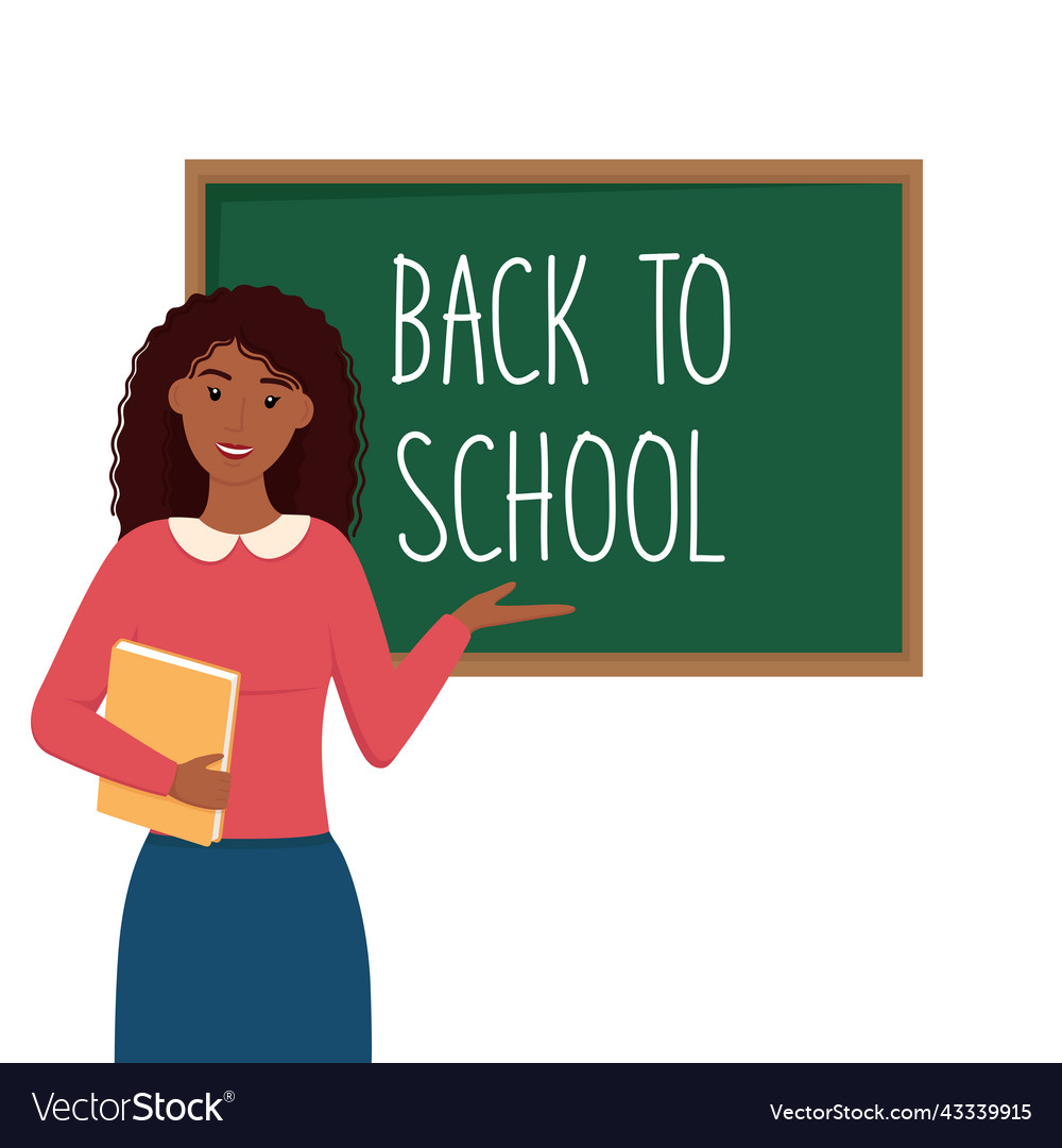 Teacher with dark tone skin near schoolboard back Vector Image