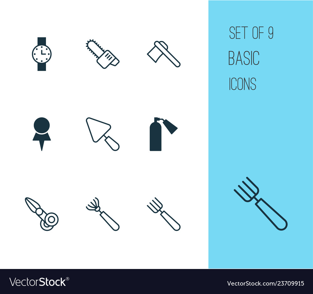 Tools icons set with pitchfork chainsaw scapula vector image Tools icons set with pitchfork chainsaw scapula