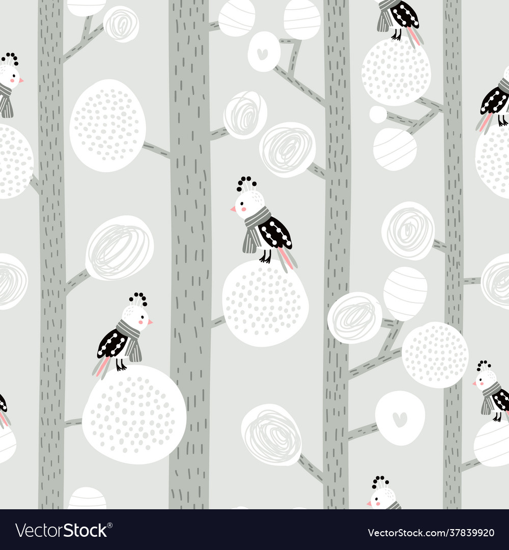 Seamless pattern with birds in scarf on trees vector image Seamless pattern with birds in scarf on trees