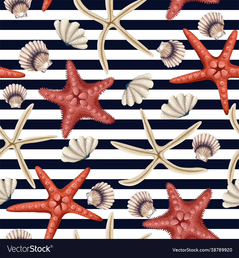 Seamless pattern with red starfishes shells vector image Seamless pattern with red starfishes shells