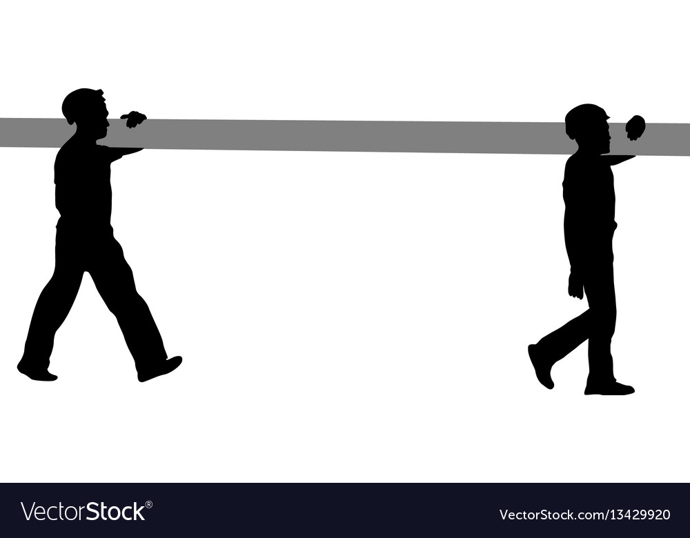 Silhouette of two construction workers carry pipe